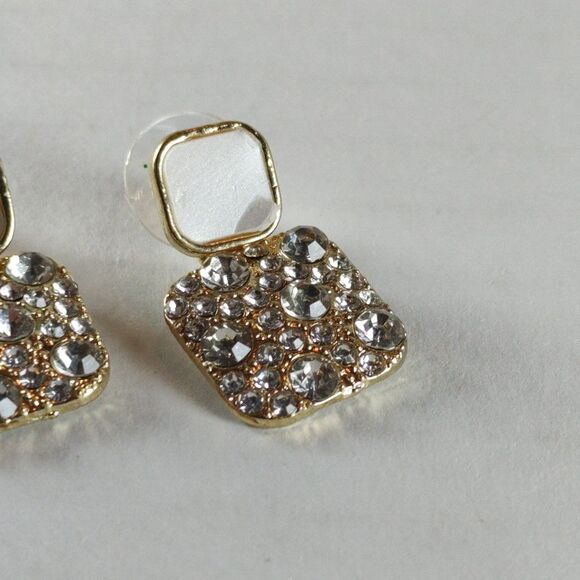 Gold Tone Metal Colorless Rhinestones Pearl Tone Stud Dangle Drop Earrings S925 - Picture 11 of 16